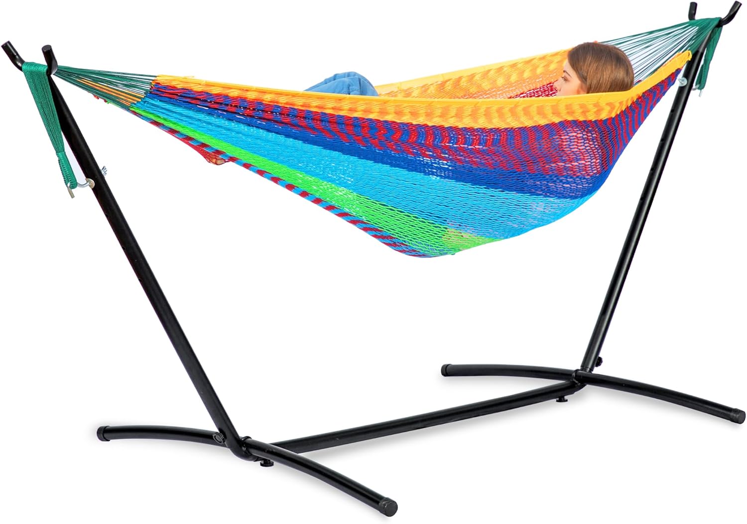 Brazilian Style Double Hammock with Stand 🌴 | 10-Min Setup, 450lbs Capacity