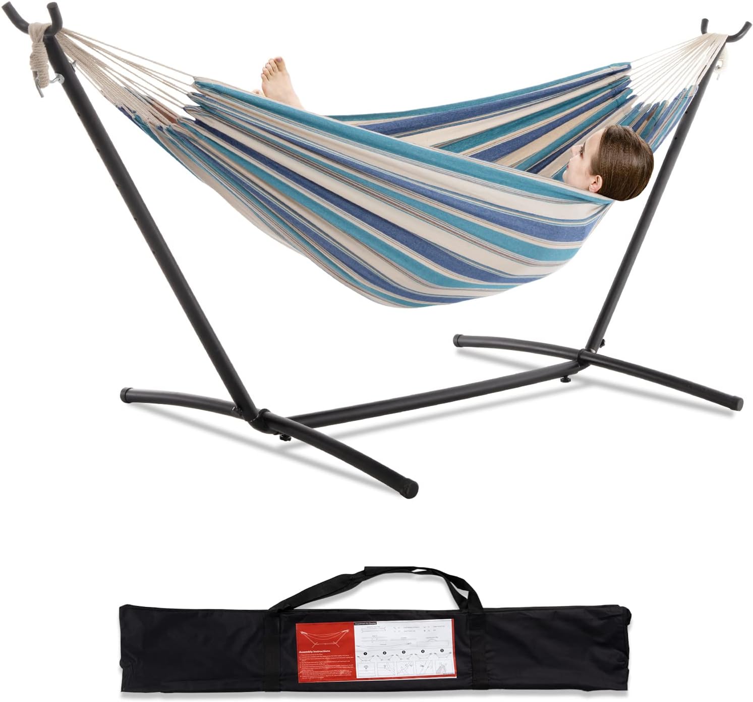 Brazilian Style Double Hammock with Stand 🌴 | 10-Min Setup, 450lbs Capacity